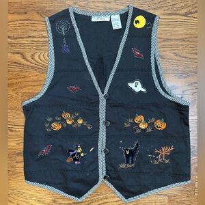 Victoria Jones Petites Vintage Pumpkin Patch Black Halloween Vest w/ Embroidery
